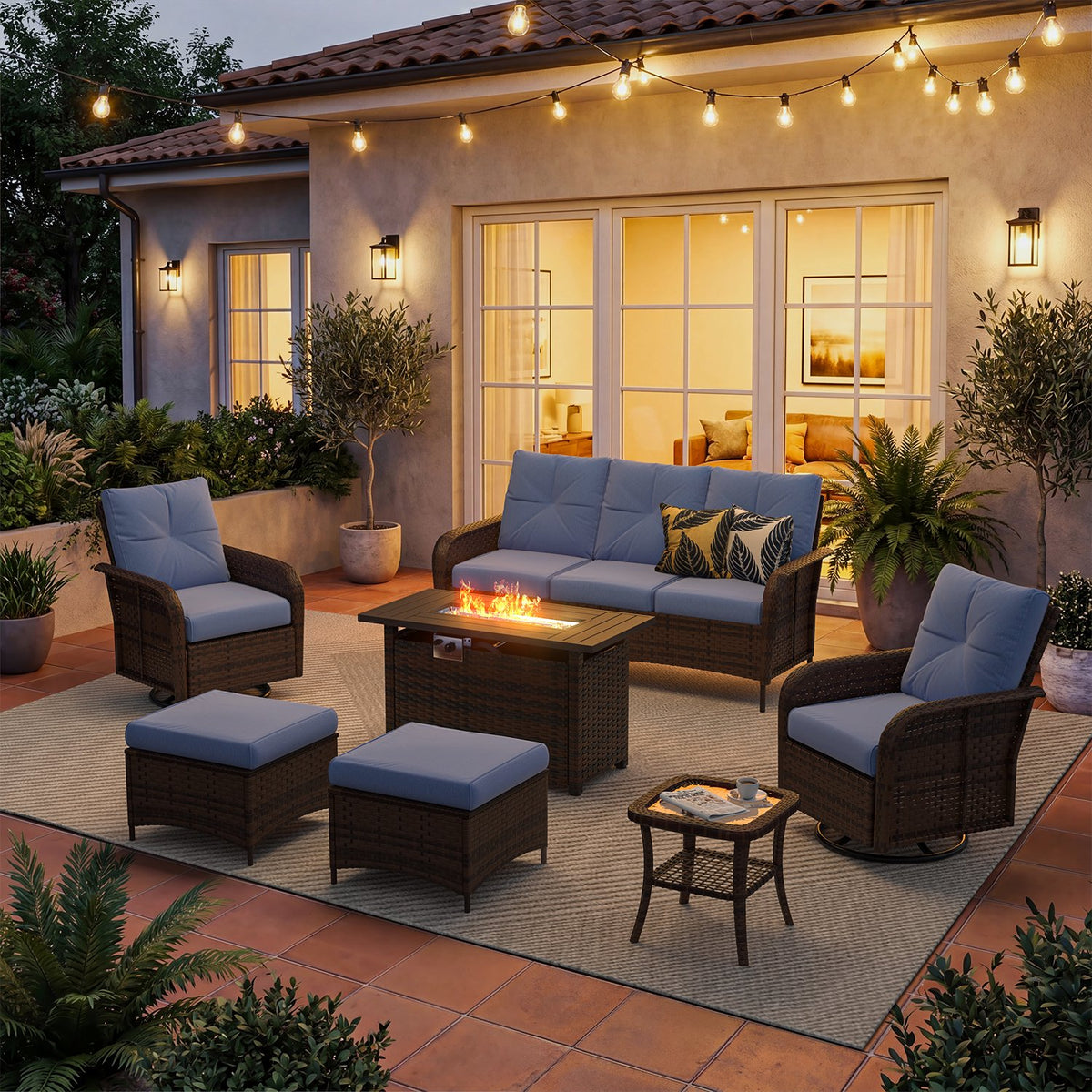 Dateyes 7-Piece Patio Furniture Set, High Back Swivel Rocker Chairs with Thick Cushions, Wicker Rattan Outdoor Sectional Sofa with Fire Pit, Blue