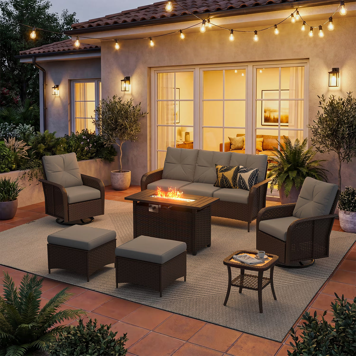 Dateyes 7-Piece Patio Furniture Set, High Back Swivel Rocker Chairs with Thick Cushions, Wicker Rattan Outdoor Sectional Sofa with Fire Pit, Gray