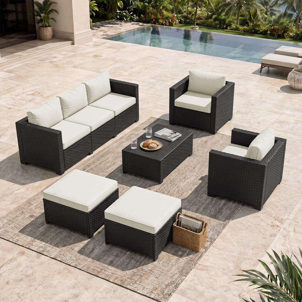 Dateyes 7 Seats Patio Furniture Set, Rattan Wicker Outdoor Conversation Sectional Sofa Set with Storage Coffee Table and Waterproof Cover,Beige