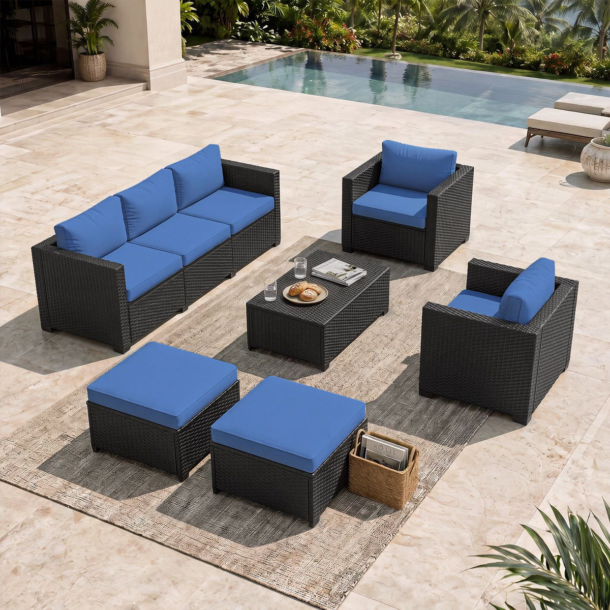 Dateyes 7 Seats Patio Furniture Set, Rattan Wicker Outdoor Conversation Sectional Sofa Set with Storage Coffee Table and Waterproof Cover,Blue