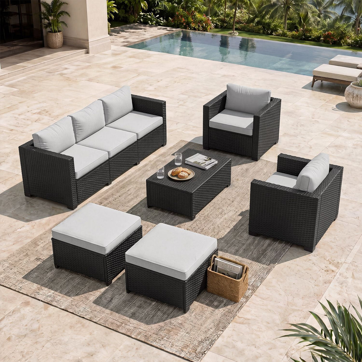 Dateyes 7 Seats Patio Furniture Set, Rattan Wicker Outdoor Conversation Sectional Sofa Set with Storage Coffee Table and Waterproof Cover,Gray