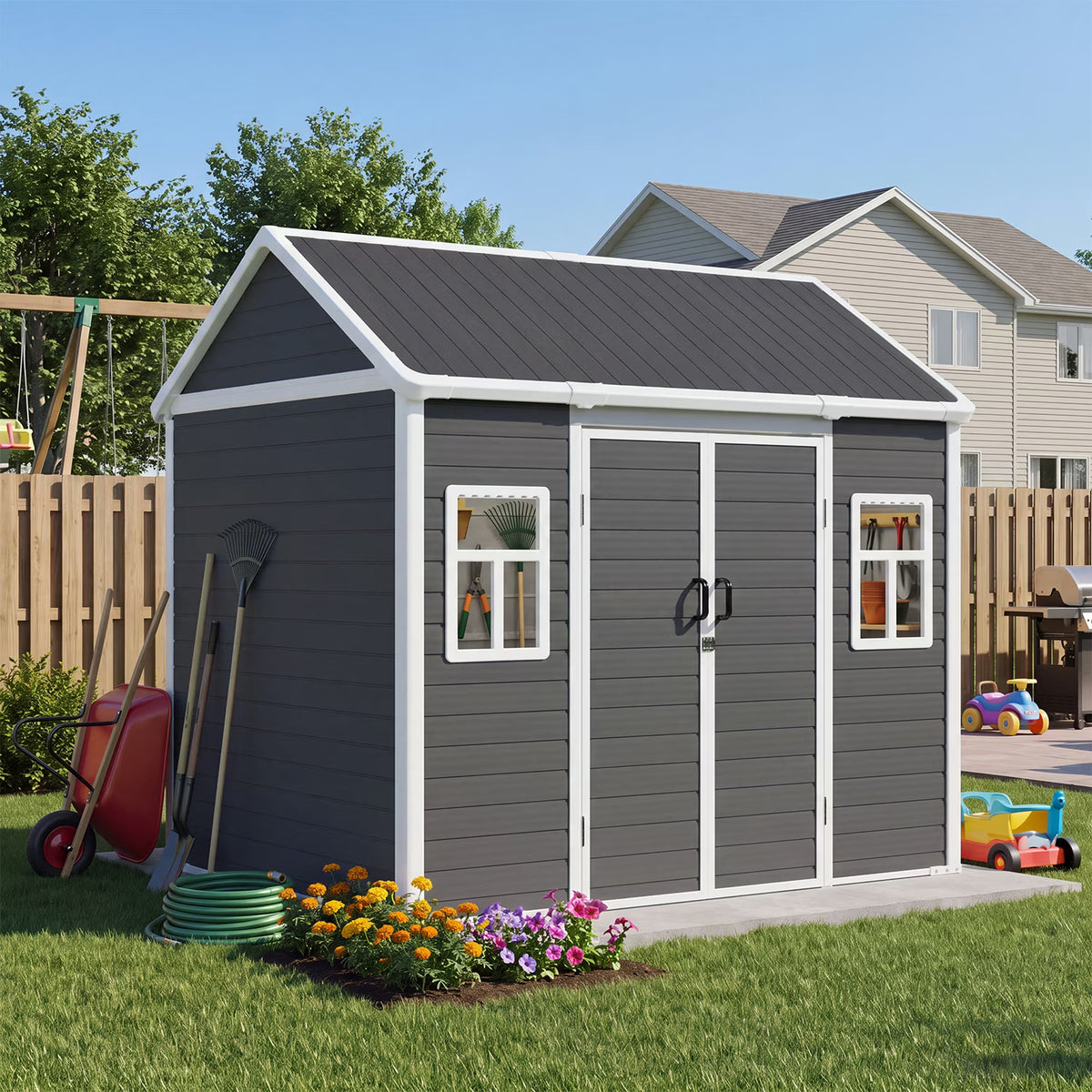 Dateyes 8 x 6 FT Resin Storage Shed, Outdoor Shed with Floor & Window, All-Weather Heavy Duty Plastic Shed for Backyard, Garden, Patio, Black