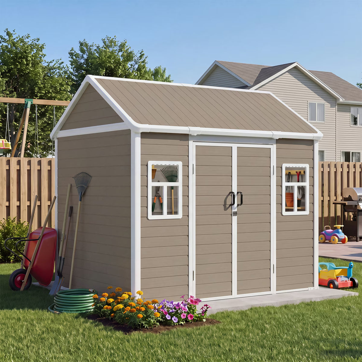 Dateyes 8 x 6 FT Resin Storage Shed, Outdoor Shed with Floor & Window, All-Weather Heavy Duty Plastic Shed for Backyard, Garden, Patio, Brown