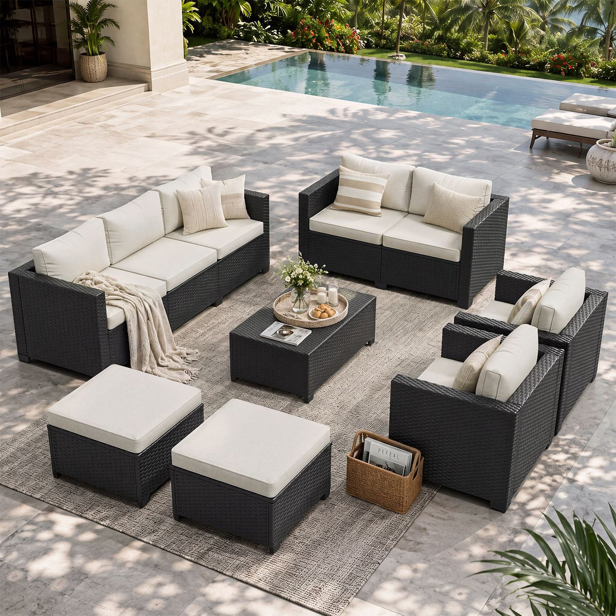 Dateyes 9 Seats Patio Furniture Set, Rattan Wicker Outdoor Conversation Sectional Sofa Set with Storage Coffee Table and Waterproof Cover,Beige