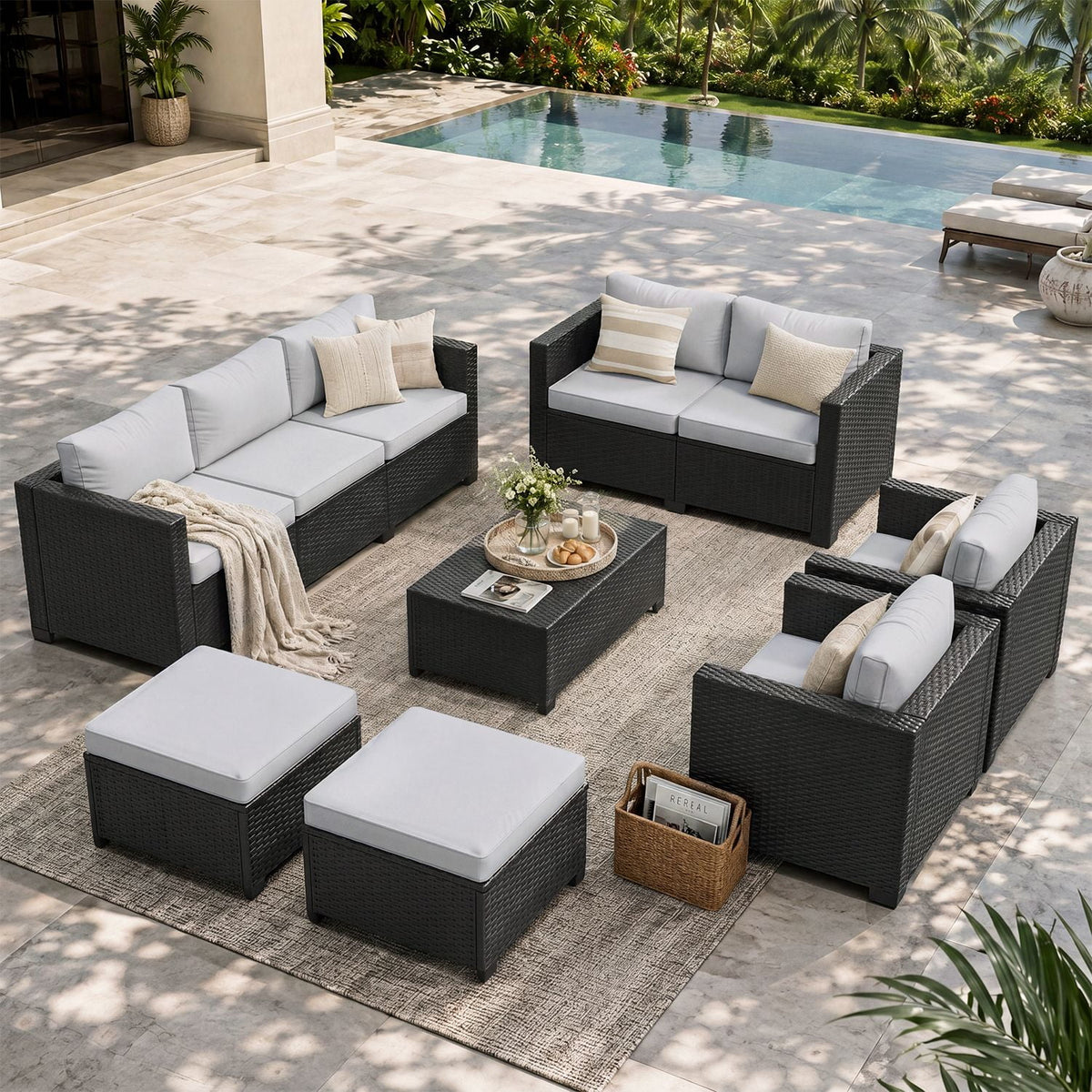 Dateyes 9 Seats Patio Furniture Set, Rattan Wicker Outdoor Conversation Sectional Sofa Set with Storage Coffee Table and Waterproof Cover,Gray