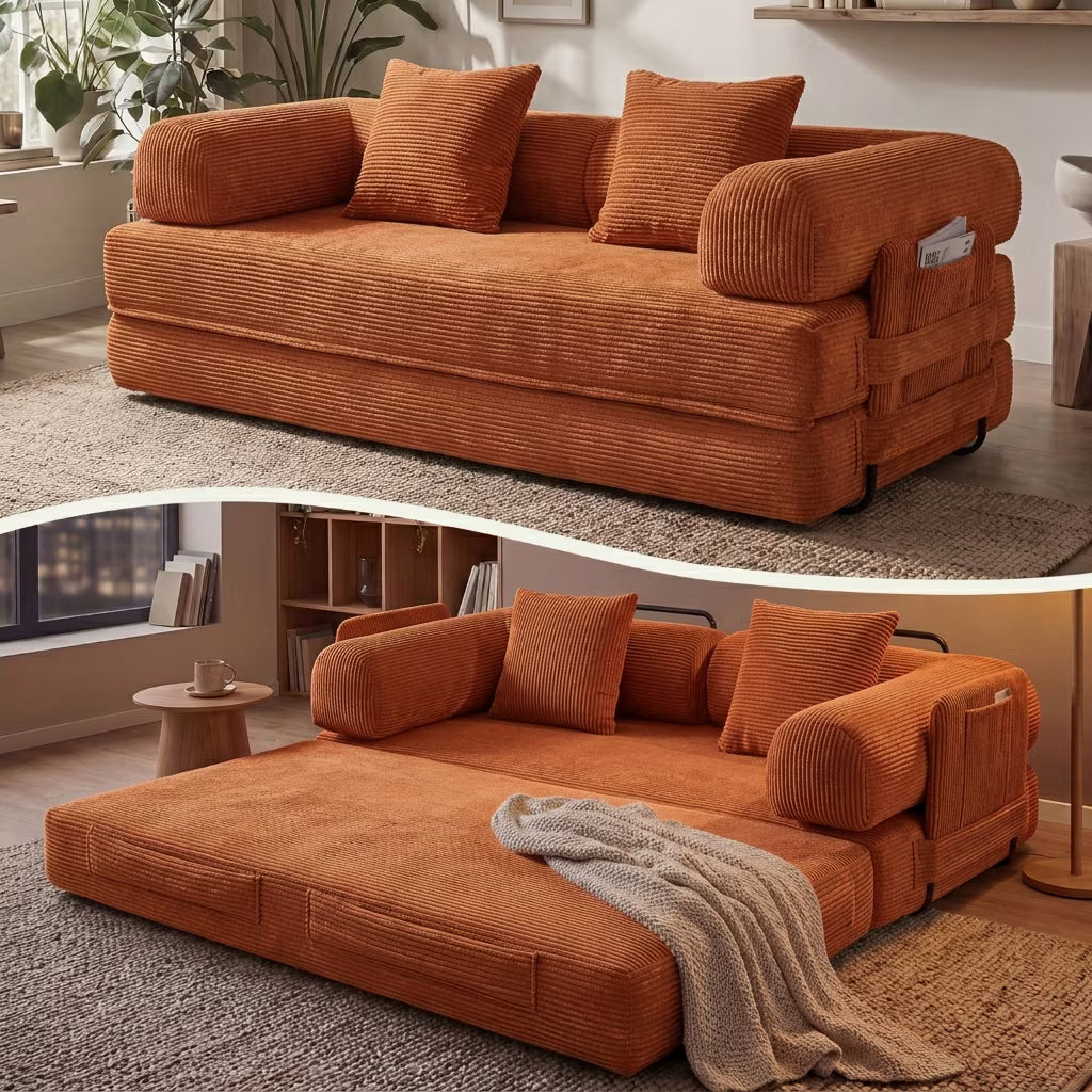 Dateyes Sofa Bed Convertible Boneless Couch Corduroy Modular Couch Bed with Fixed-Shape Frame & Removable Armrests for Living Room, Bedroom Orange