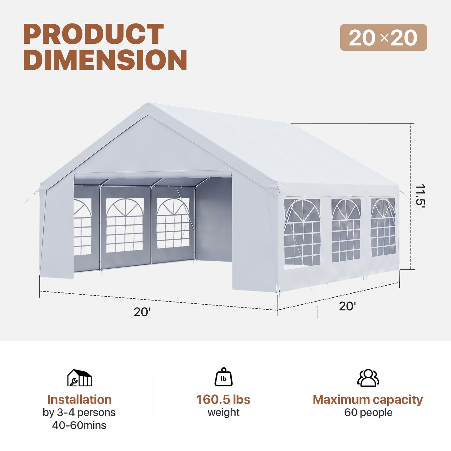 Clouddwell Wedding & Event Tent, 40x20 FT White Canopy with Removable Sidewalls, Waterproof Party Tent for Outdoor Gatherings, BBQ, Birthday, Camping