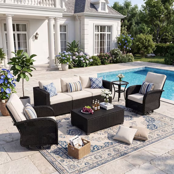 LazySunsets 5 Piece Outdoor Furniture Set with Swivel Chairs Set of 2, Rattan Wicker Outdoor Conversation Set Patio Furniture, Beige/Black