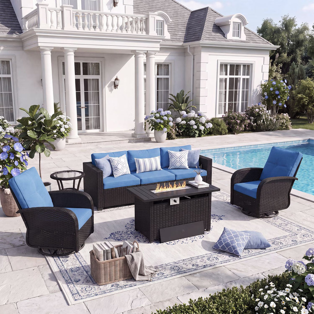 LazySunsets 5 Piece Outdoor Furniture Set with Swivel Chairs Set of 2, Rattan Wicker Outdoor Conversation Set Patio Furniture with Fire Pit Table, Navy Blue/Black