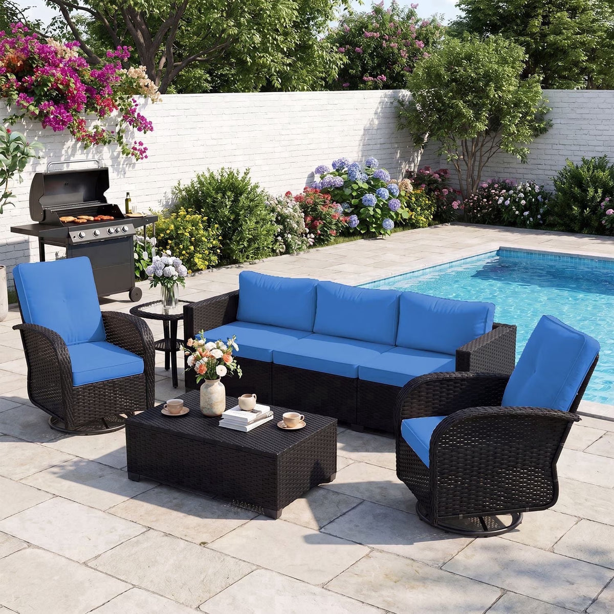 LazySunsets 5 Piece Outdoor Furniture Set with Swivel Chairs Set of 2, Rattan Wicker Outdoor Conversation Set Patio Furniture, Navy Blue/Black