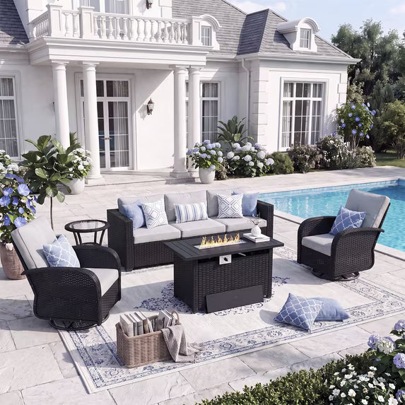 LazySunsets 5 Piece Outdoor Furniture Set with Swivel Chairs Set of 2, Rattan Wicker Outdoor Conversation Set Patio Furniture with Fire Pit Table, Light Gray/Black