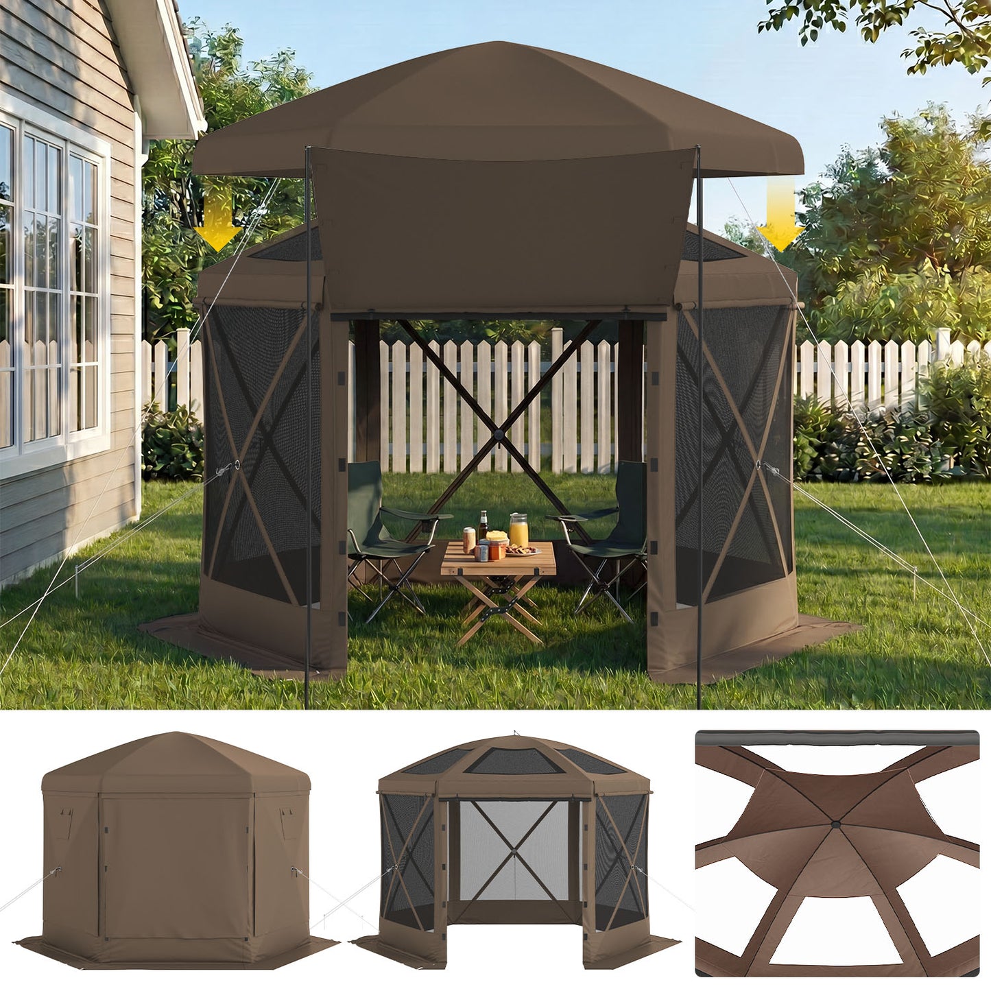 Clouddwell 10'x10' Outdoor Pop Up Gazebo, Screen Tent with Removable Top & Mosquito Netting, Camping Canopy Tent, Waterproof, UV Resistant, Portable Carry Bag, Brown