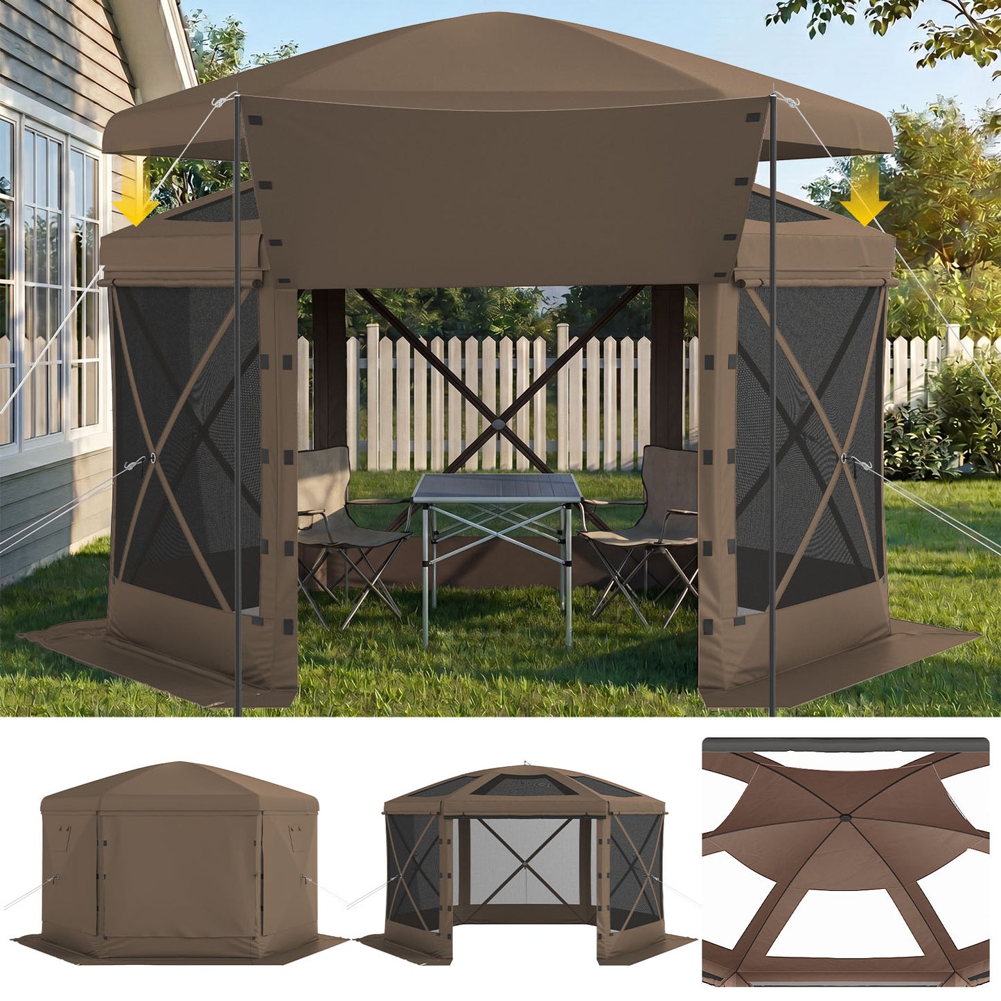Clouddwell 12'x12' Outdoor Pop Up Gazebo, Screen Tent with Removable Top & Mosquito Netting, Camping Canopy Tent, Waterproof, UV Resistant, Portable Carry Bag, Brown