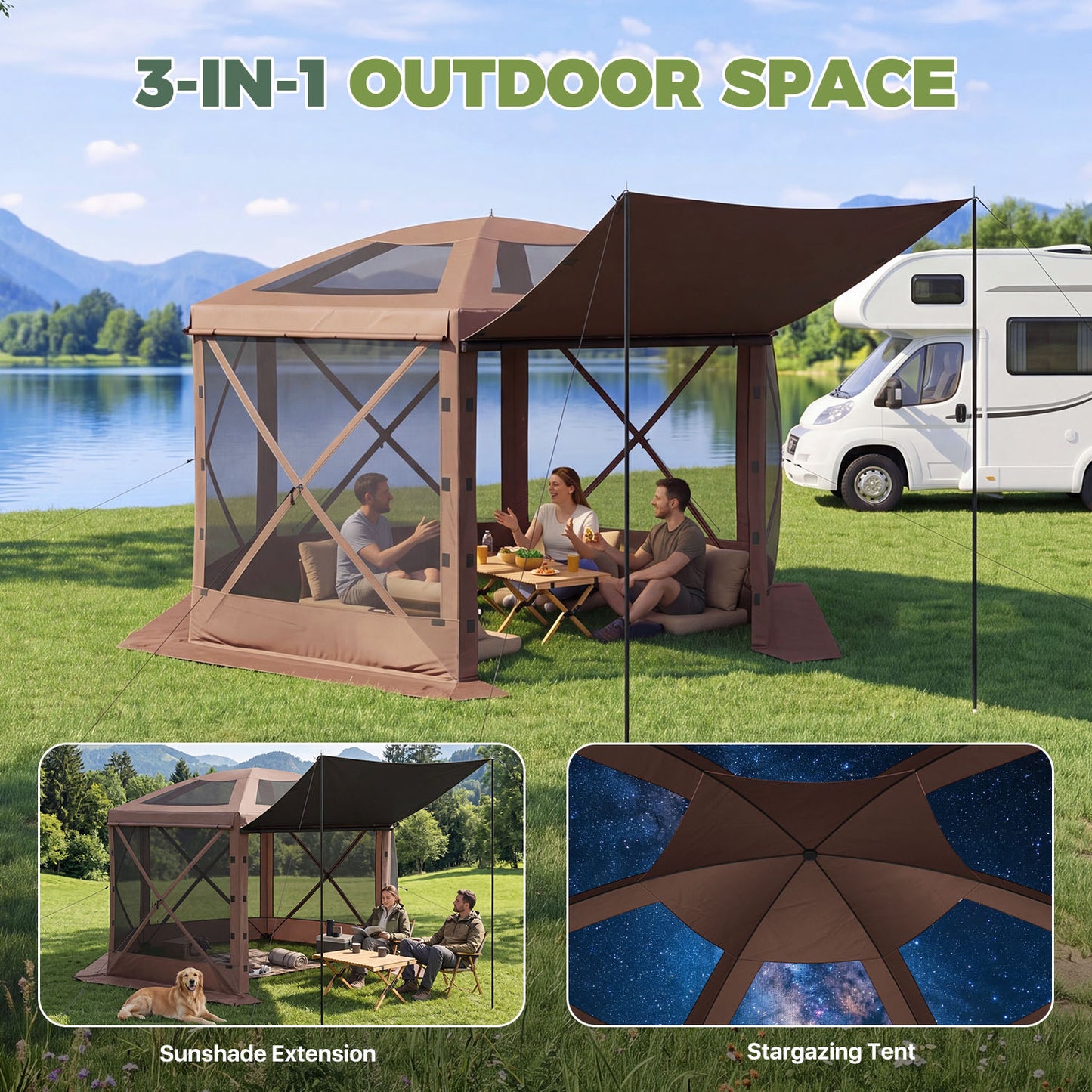 Clouddwell 10'x10' Outdoor Pop Up Gazebo, Screen Tent with Removable Top & Mosquito Netting, Camping Canopy Tent, Waterproof, UV Resistant, Portable Carry Bag, Brown