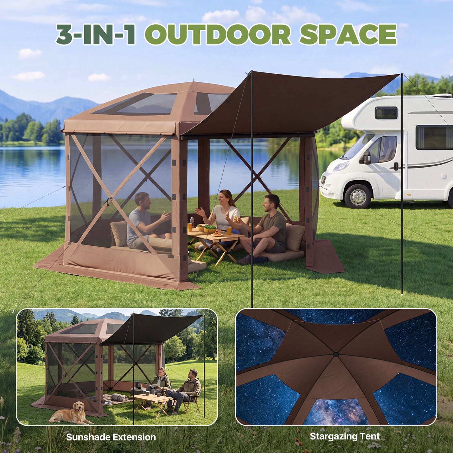 Clouddwell 12'x12' Outdoor Pop Up Gazebo, Screen Tent with Removable Top & Mosquito Netting, Camping Canopy Tent, Waterproof, UV Resistant, Portable Carry Bag, Brown