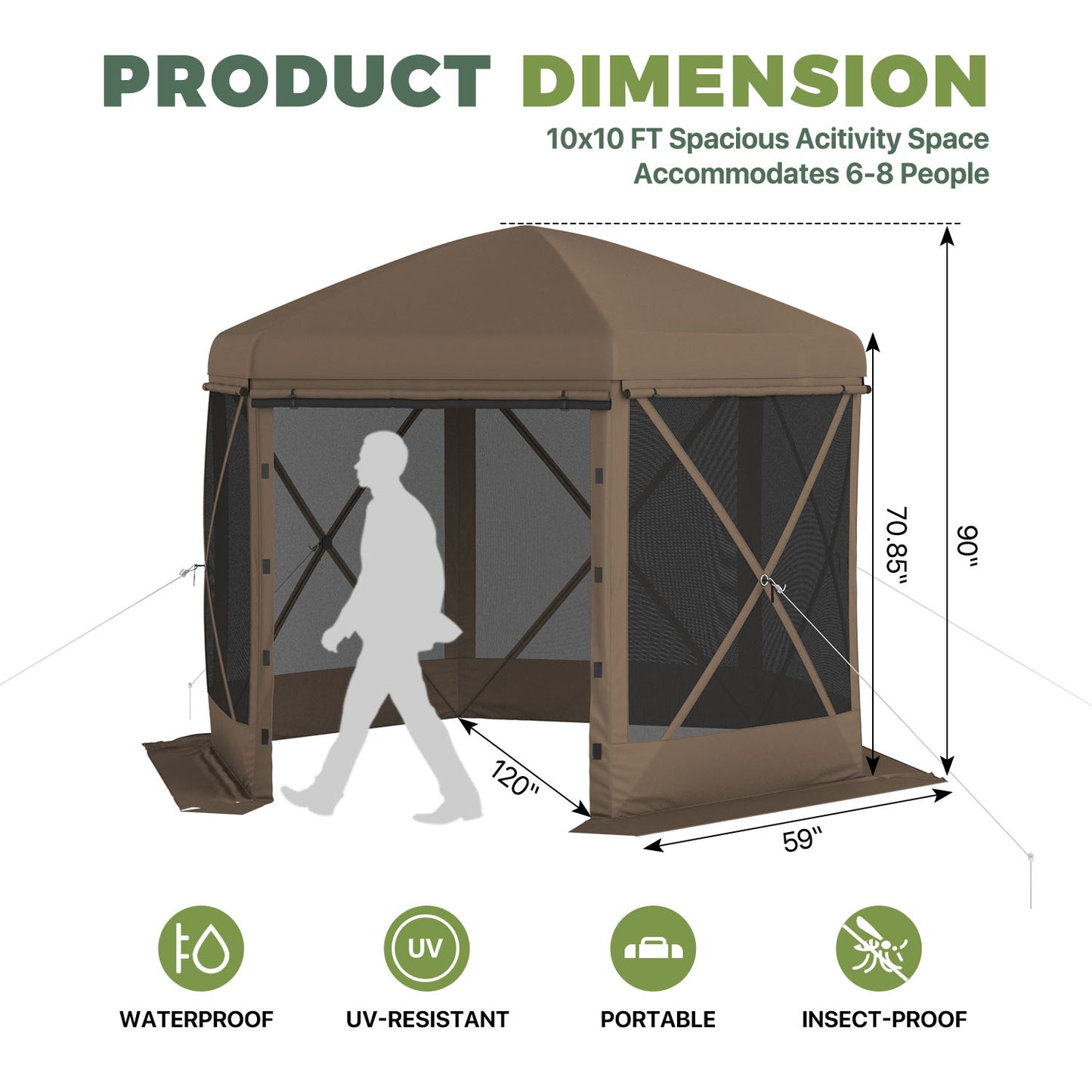 Clouddwell 10'x10' Outdoor Pop Up Gazebo, Screen Tent with Removable Top & Mosquito Netting, Camping Canopy Tent, Waterproof, UV Resistant, Portable Carry Bag, Brown