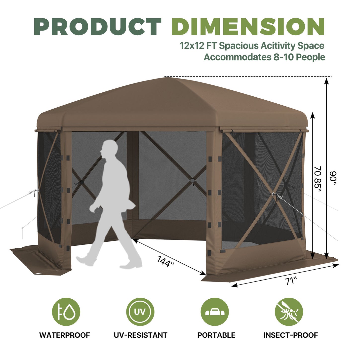 Clouddwell 12'x12' Outdoor Pop Up Gazebo, Screen Tent with Removable Top & Mosquito Netting, Camping Canopy Tent, Waterproof, UV Resistant, Portable Carry Bag, Brown