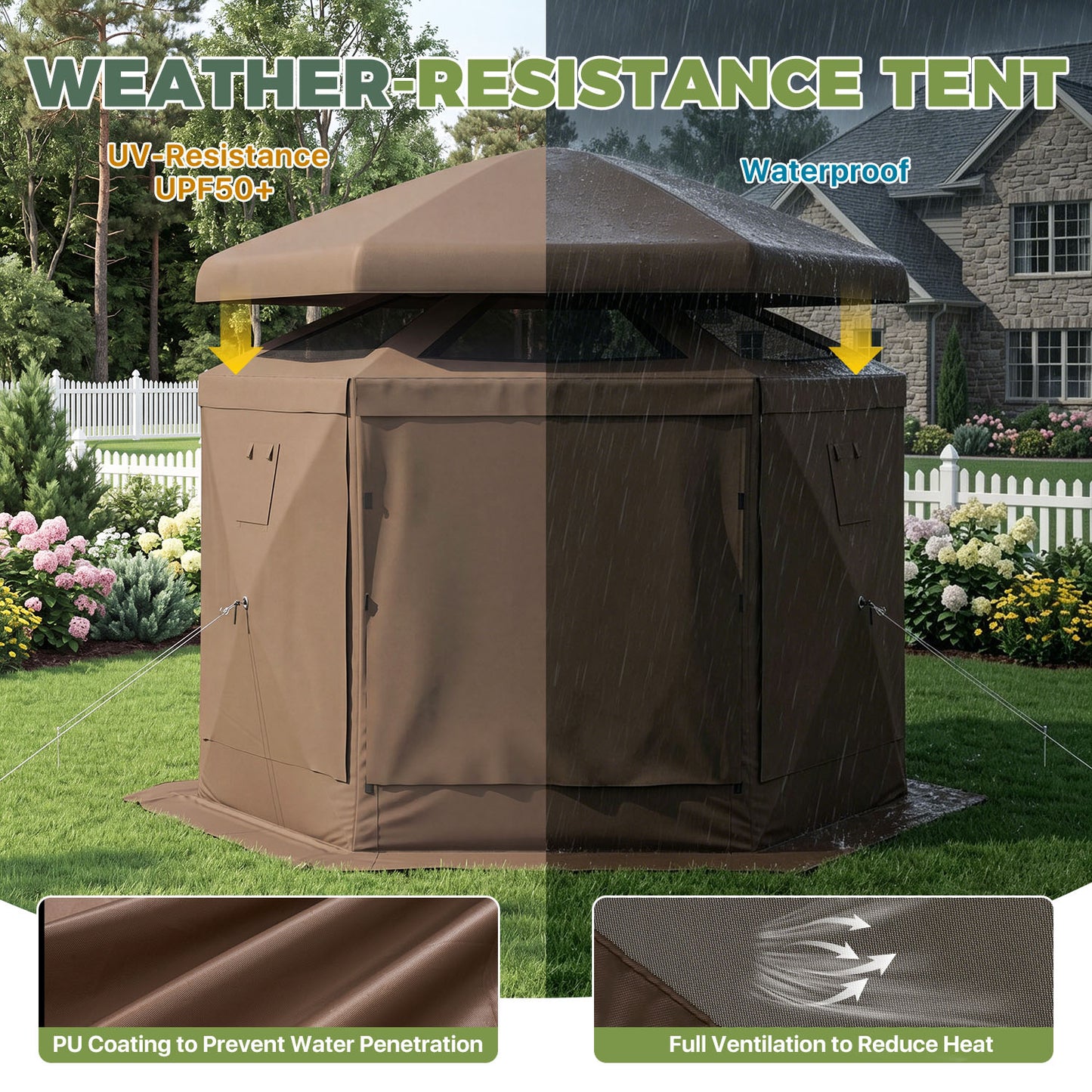 Clouddwell 10'x10' Outdoor Pop Up Gazebo, Screen Tent with Removable Top & Mosquito Netting, Camping Canopy Tent, Waterproof, UV Resistant, Portable Carry Bag, Brown