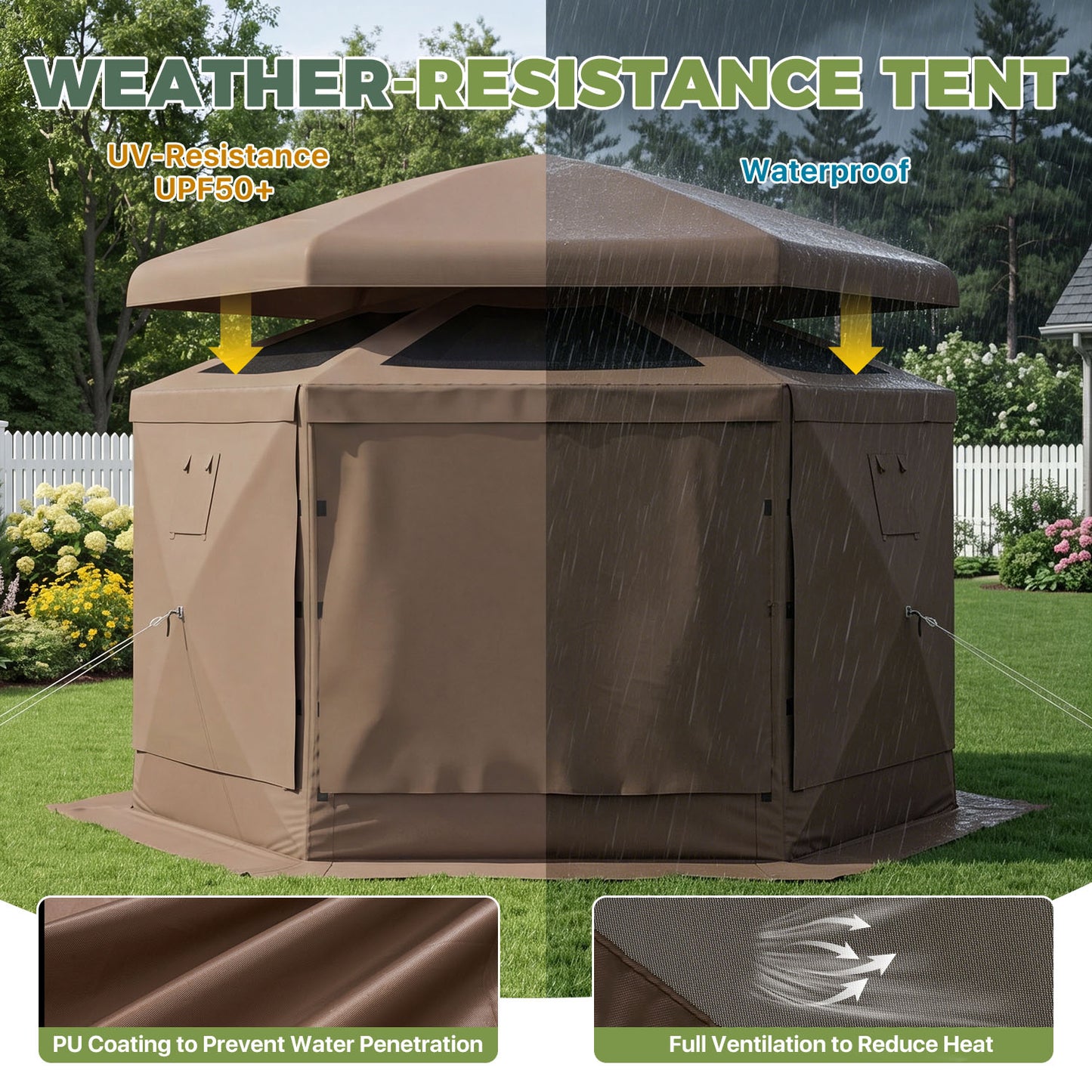 Clouddwell 12'x12' Outdoor Pop Up Gazebo, Screen Tent with Removable Top & Mosquito Netting, Camping Canopy Tent, Waterproof, UV Resistant, Portable Carry Bag, Brown