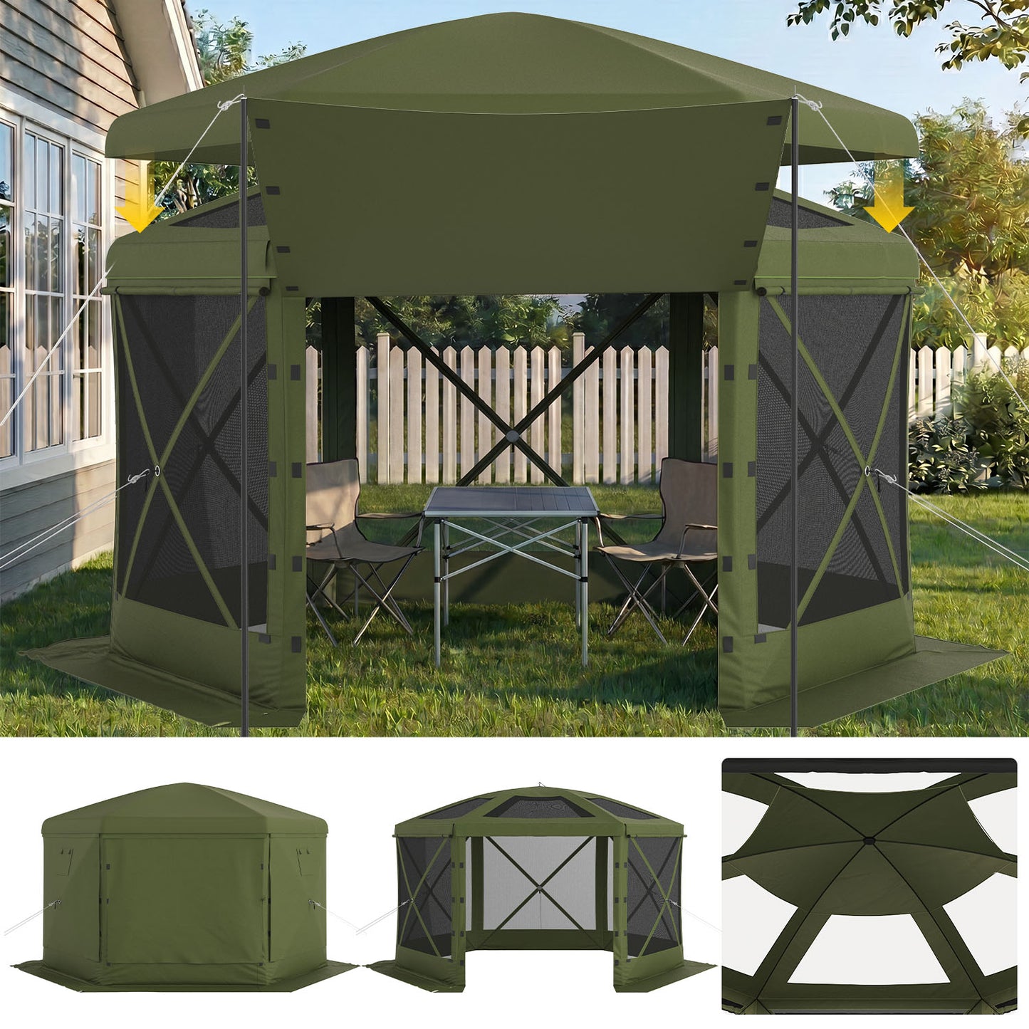 Clouddwell 12'x12' Outdoor Pop Up Gazebo, Screen Tent with Removable Top & Mosquito Netting, Camping Canopy Tent, Waterproof, UV Resistant, Portable Carry Bag, Green