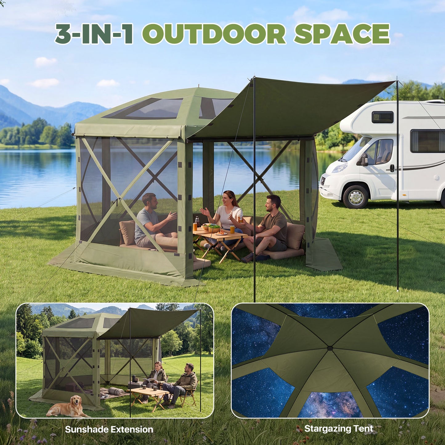 Clouddwell 10'x10' Outdoor Pop Up Gazebo, Screen Tent with Removable Top & Mosquito Netting, Camping Canopy Tent, Waterproof, UV Resistant, Portable Carry Bag, Green
