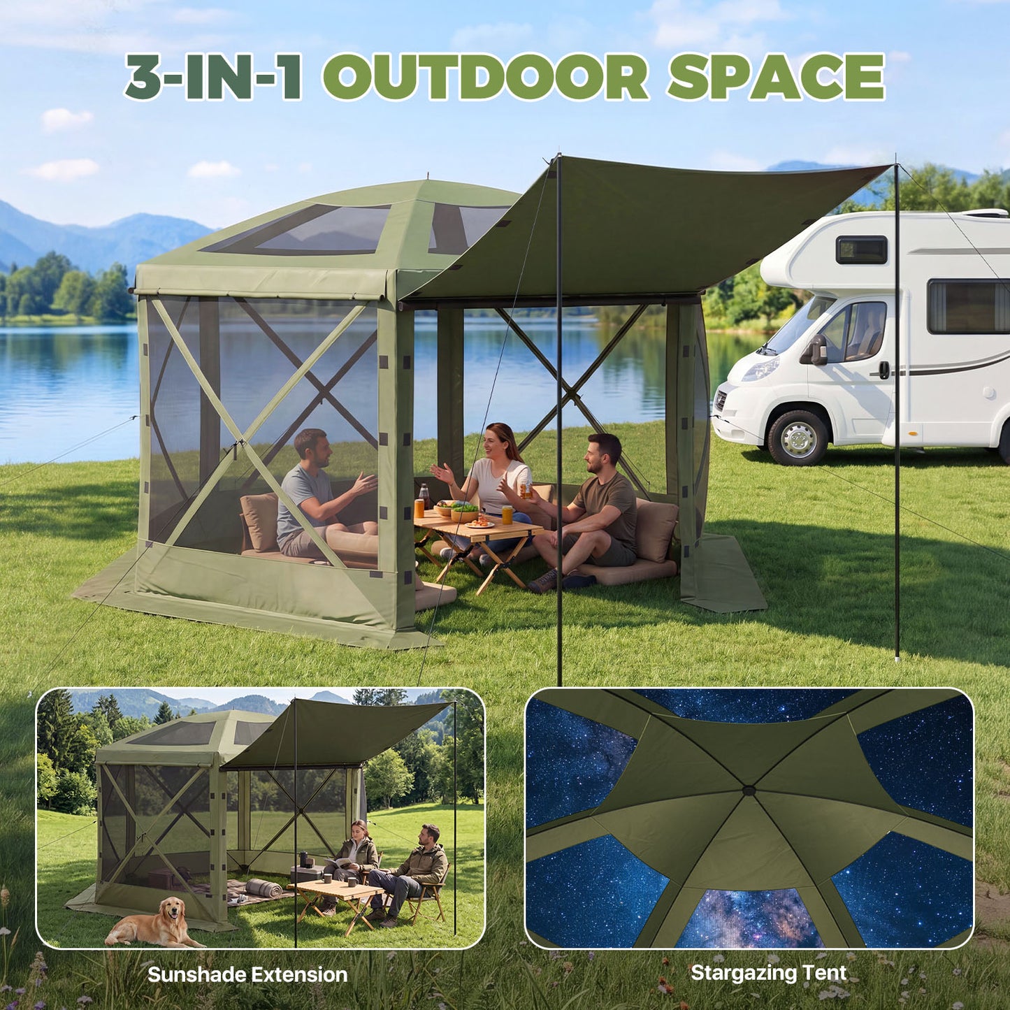 Clouddwell 12'x12' Outdoor Pop Up Gazebo, Screen Tent with Removable Top & Mosquito Netting, Camping Canopy Tent, Waterproof, UV Resistant, Portable Carry Bag, Green
