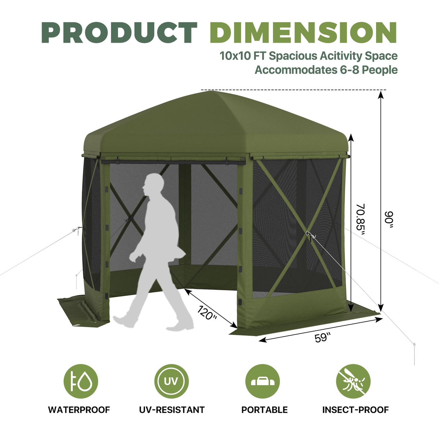 Clouddwell 10'x10' Outdoor Pop Up Gazebo, Screen Tent with Removable Top & Mosquito Netting, Camping Canopy Tent, Waterproof, UV Resistant, Portable Carry Bag, Green