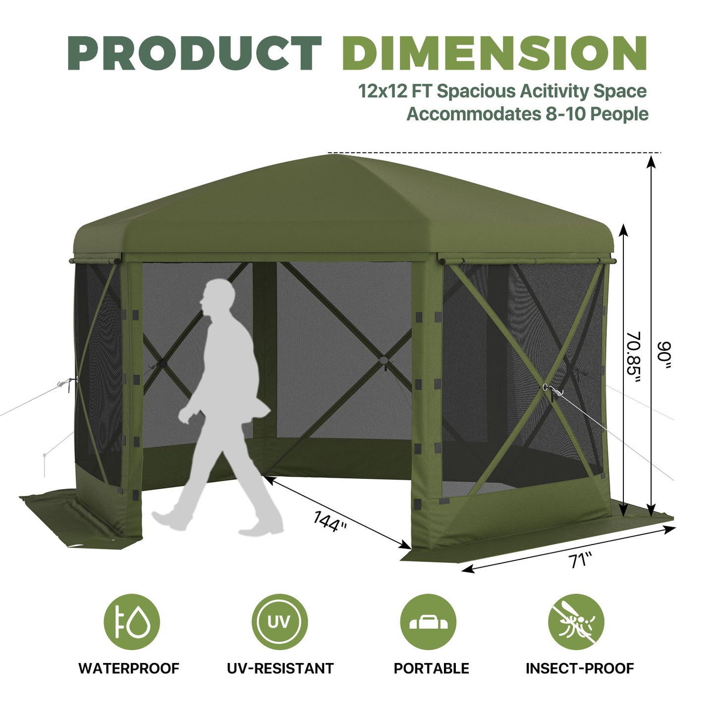 Clouddwell 12'x12' Outdoor Pop Up Gazebo, Screen Tent with Removable Top & Mosquito Netting, Camping Canopy Tent, Waterproof, UV Resistant, Portable Carry Bag, Green