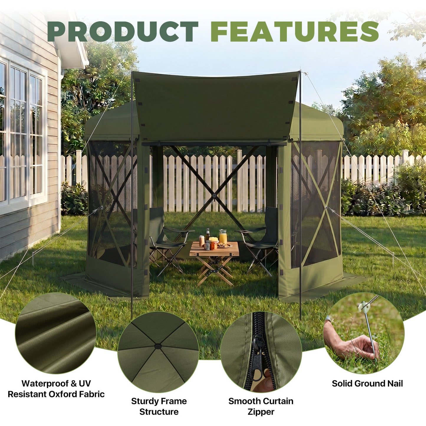 Clouddwell 10'x10' Outdoor Pop Up Gazebo, Screen Tent with Removable Top & Mosquito Netting, Camping Canopy Tent, Waterproof, UV Resistant, Portable Carry Bag, Green