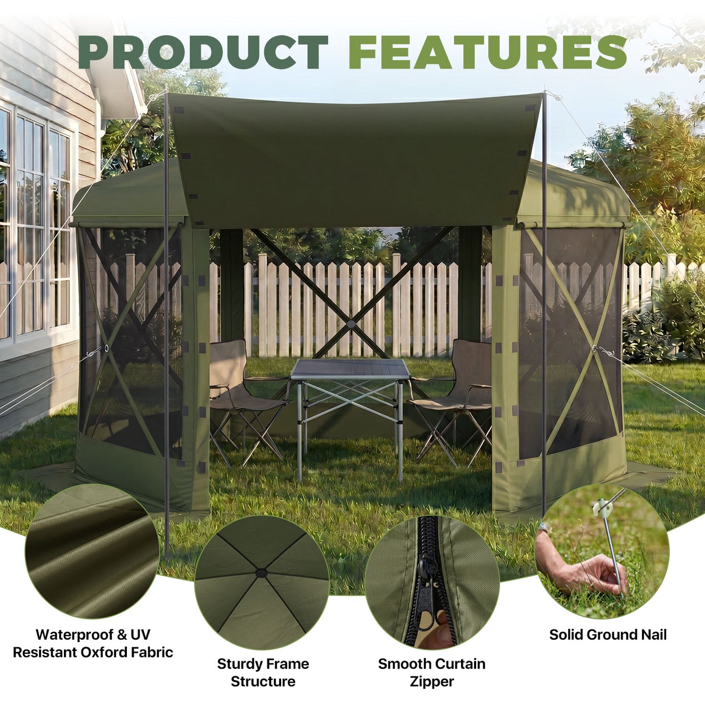 Clouddwell 12'x12' Outdoor Pop Up Gazebo, Screen Tent with Removable Top & Mosquito Netting, Camping Canopy Tent, Waterproof, UV Resistant, Portable Carry Bag, Green