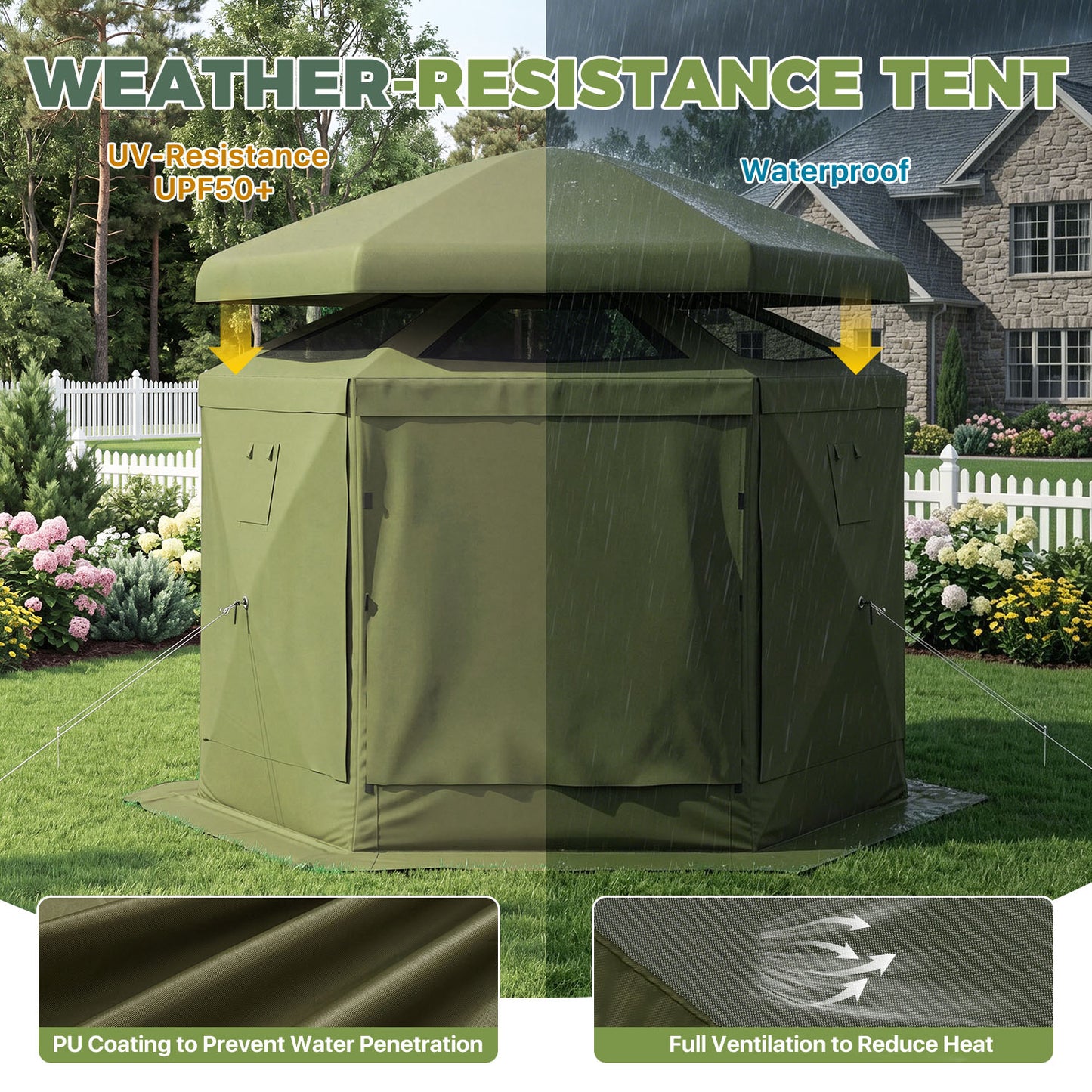 Clouddwell 10'x10' Outdoor Pop Up Gazebo, Screen Tent with Removable Top & Mosquito Netting, Camping Canopy Tent, Waterproof, UV Resistant, Portable Carry Bag, Green