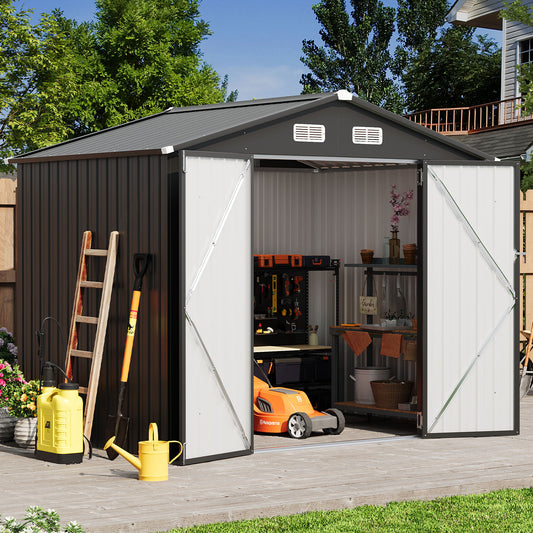 Clouddwell 8 x 6 FT Shed Outdoor Storage Shed with Double Hinged Large Door, Large Metal Shed with Lockable Door & Sloped Roof for Garden, Patio and Backyard, Black