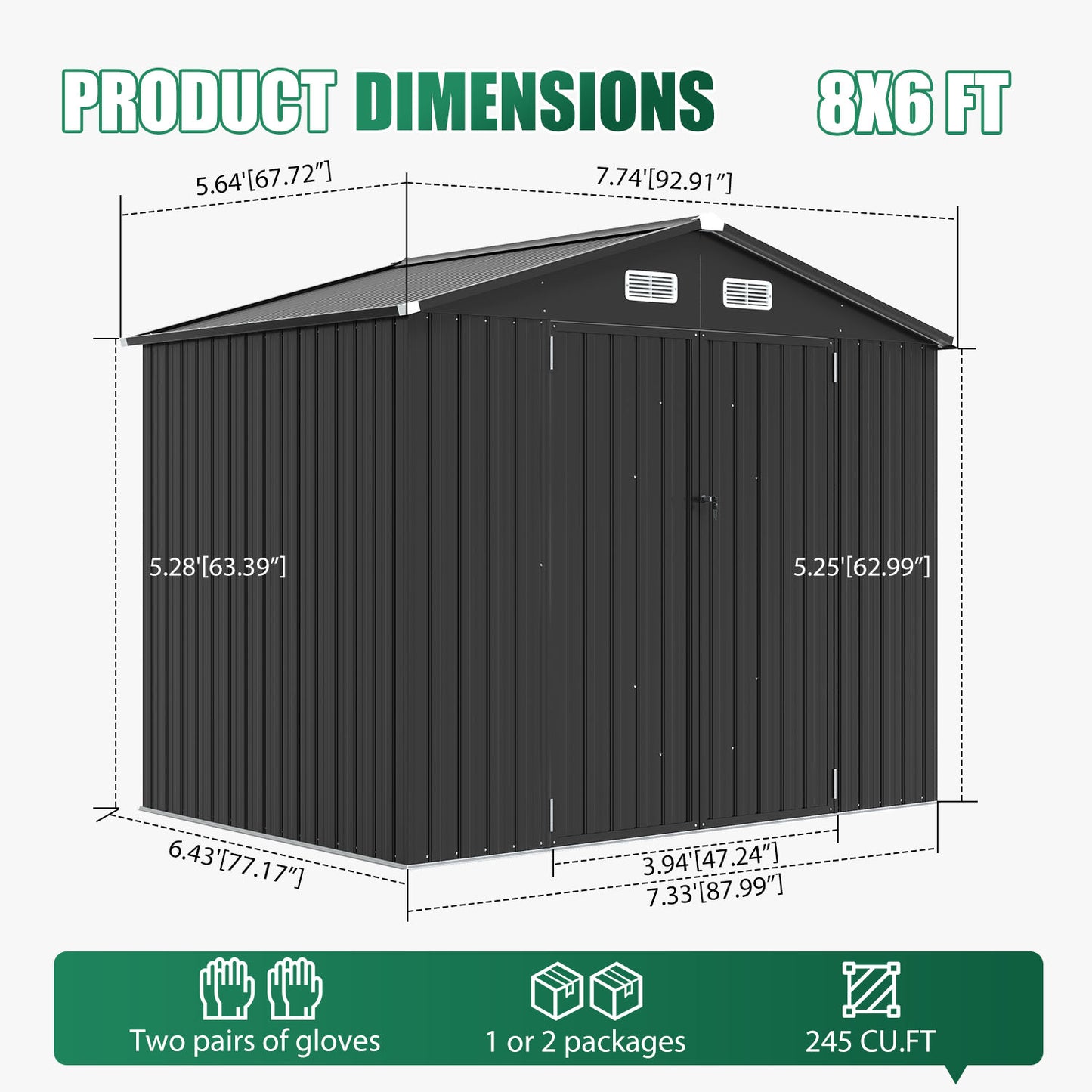 Clouddwell 8 x 6 FT Shed Outdoor Storage Shed with Double Hinged Large Door, Large Metal Shed with Lockable Door & Sloped Roof for Garden, Patio and Backyard, Black