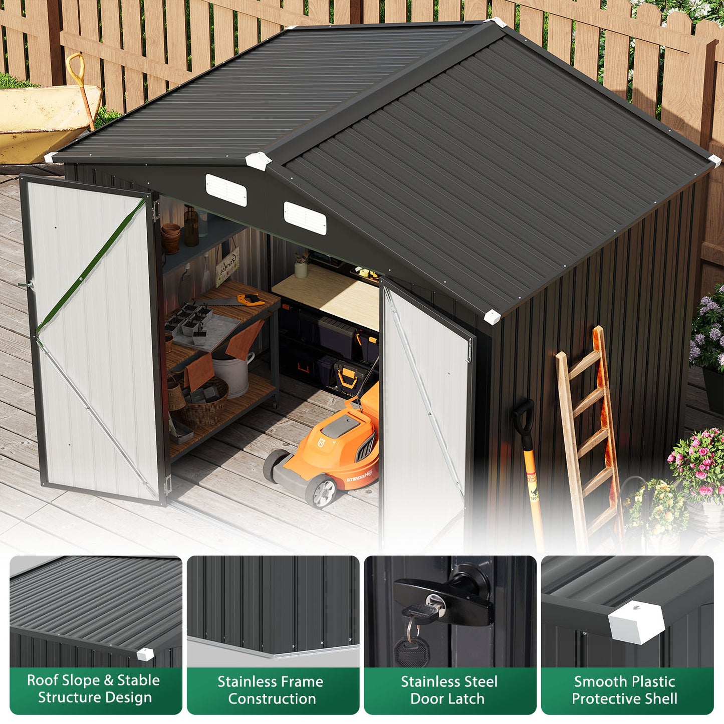Clouddwell 8 x 6 FT Shed Outdoor Storage Shed with Double Hinged Large Door, Large Metal Shed with Lockable Door & Sloped Roof for Garden, Patio and Backyard, Black