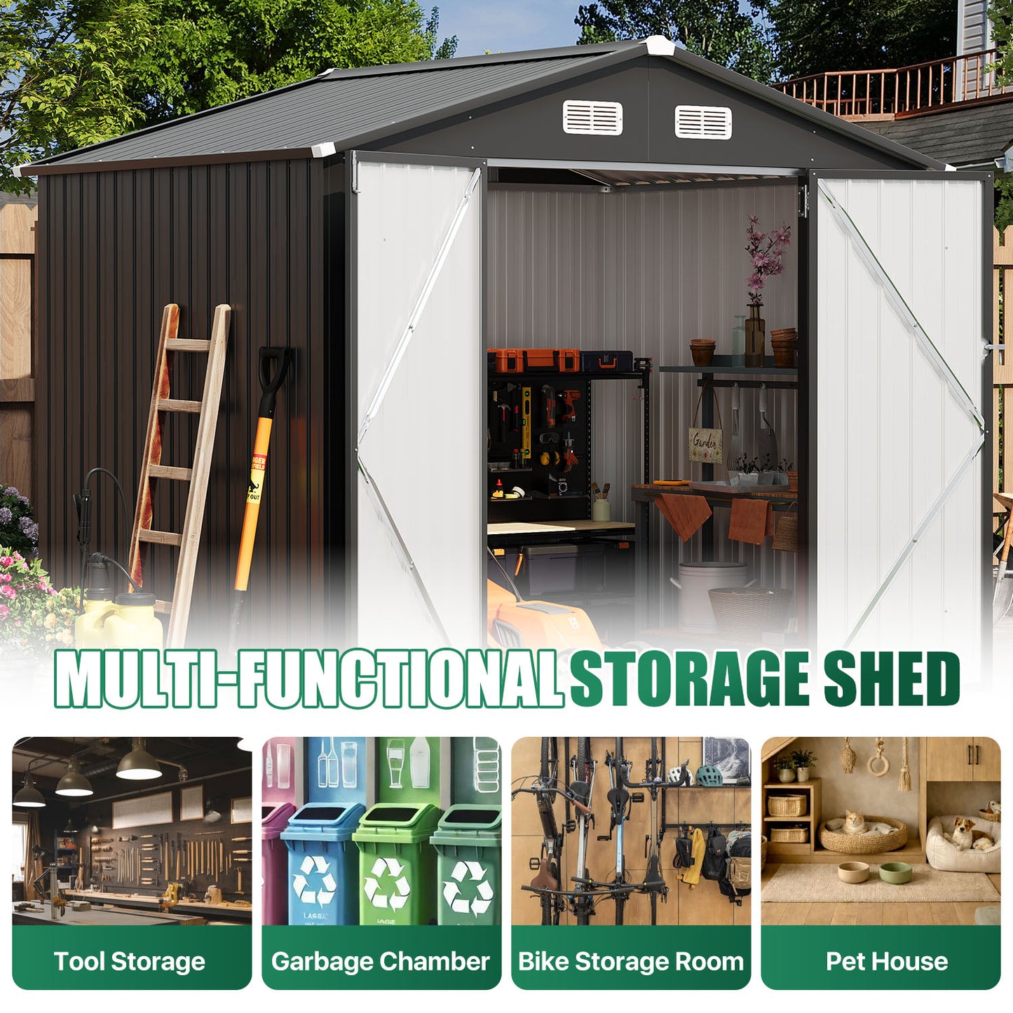 Clouddwell 8 x 6 FT Shed Outdoor Storage Shed with Double Hinged Large Door, Large Metal Shed with Lockable Door & Sloped Roof for Garden, Patio and Backyard, Black