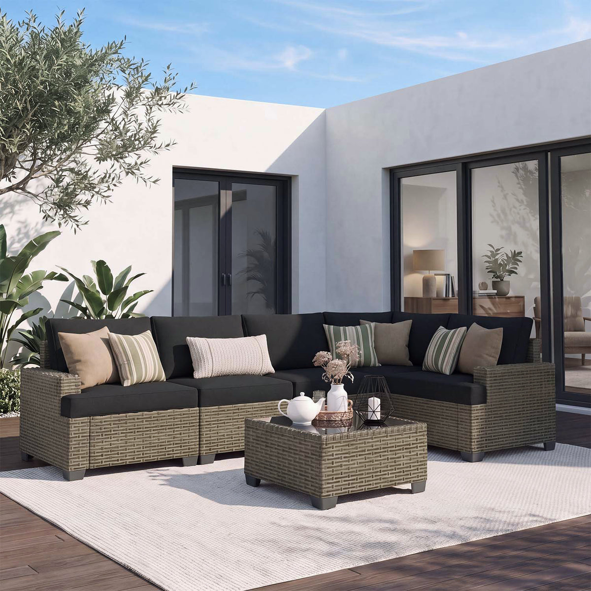 Clouddwell 6 Pieces Outdoor Patio Furniture Set, Rattan Wicker Sectional Chairs Sets with Table, Black