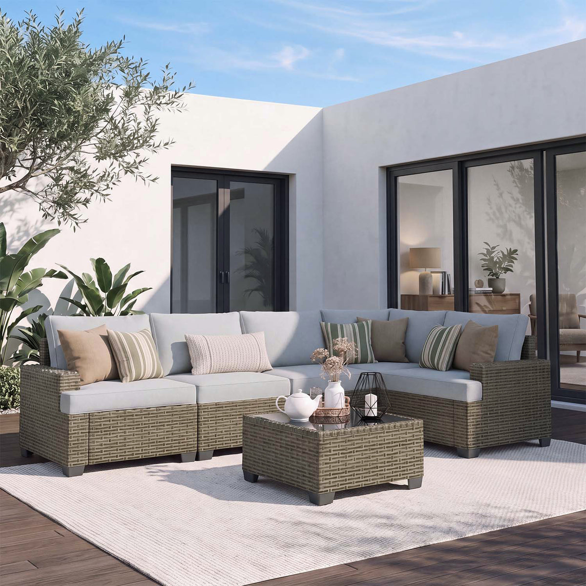 Clouddwell 6 Pieces Outdoor Patio Furniture Set, Rattan Wicker Sectional Chairs Sets with Table, Light Gray