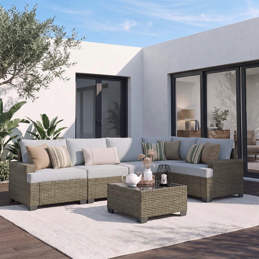 Clouddwell 6 Pieces Outdoor Patio Furniture Set, Rattan Wicker Sectional Chairs Sets with Table, Light Gray