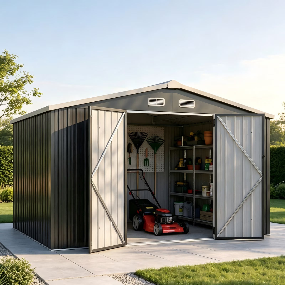 LazySunsets 10 x 8FT Shed Outdoor Storage Shed with Double Door, Large Metal Shed with Lockable Door & Sloped Roof for Garden, Backyard, Patio and Backyard, Black