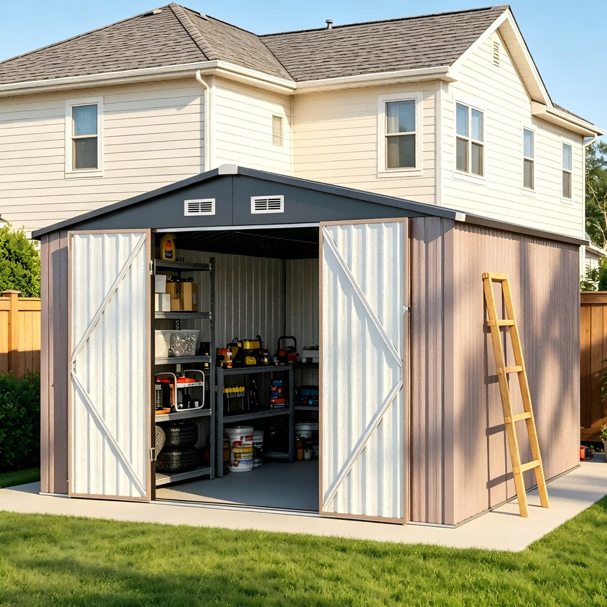 LazySunsets 10 x 8FT Shed Outdoor Storage Shed with Double Door, Large Metal Shed with Lockable Door & Sloped Roof for Garden, Backyard, Patio and Backyard, Brown