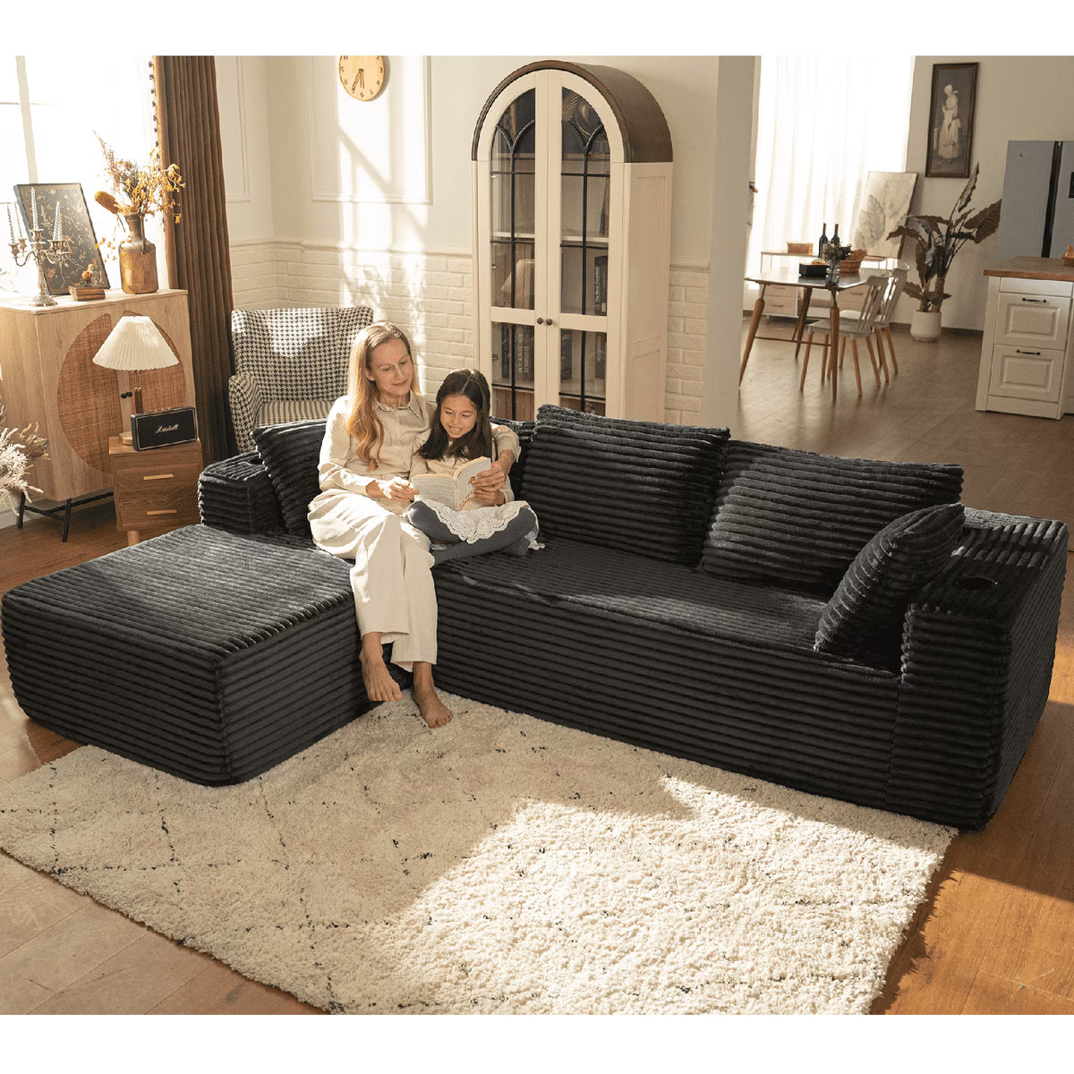 LazySunsets 103" Boneless Couch for Living Room, L-Shaped Modular Sectional Sofa with Wide Armrests and Cup Holders, Corduroy Cloud Cuch No Assembly, Gray