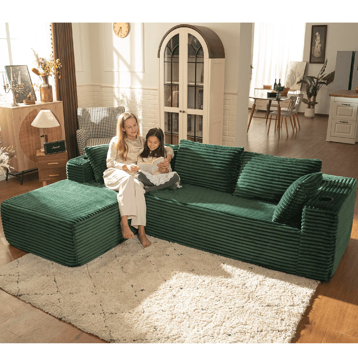 LazySunsets 103" Boneless Couch for Living Room, L-Shaped Modular Sectional Sofa with Wide Armrests and Cup Holders, Corduroy Cloud Cuch No Assembly, Green
