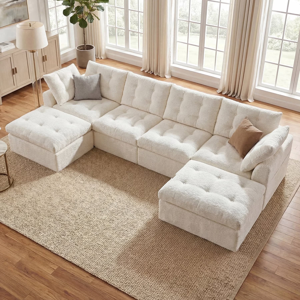 LazySunsets 144" Oversized Modular Sectional U Shaped Sofa, Wide & Deep Seat Boneless Cloud Couch With Multi-Purpose Round Pillow, No Assembly (White)