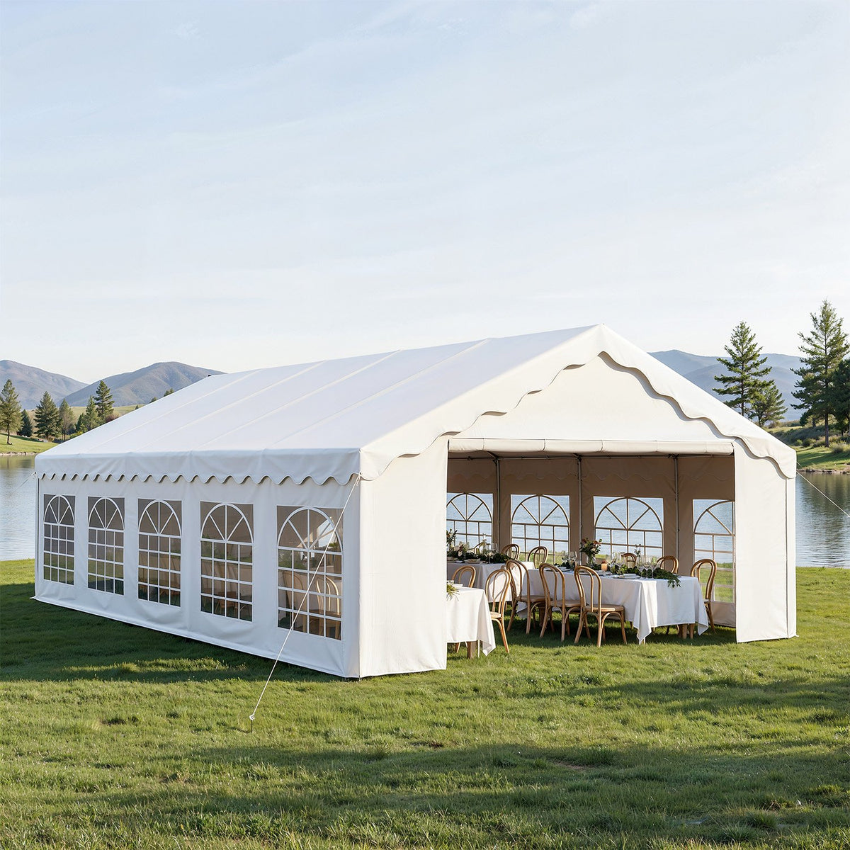 LazySunsets 32*16FT Party Tent, HDPE Heavy Duty Outdoor Awning Tent with Removable Sidewalls & Sandbags, Commercial Grade Big Wedding Tent, Carport, BBQ, UV 50+, Waterproof, White