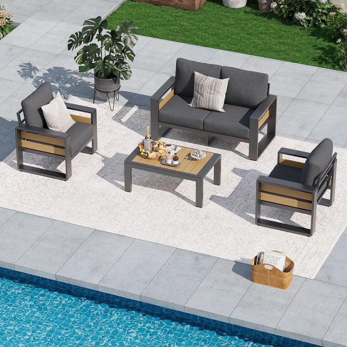 LazySunsets 4 Piece Aluminum Patio Furniture Set, 4-Seat Luxury Outdoor Sectional with 6" Olefin Fabric Cushions, Dark Grey