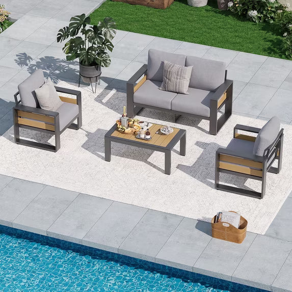 Dateyes 4 Piece Aluminum Patio Furniture Set, 4-Seat Luxury Outdoor Sectional with 6" Olefin Fabric Cushions, Light Grey