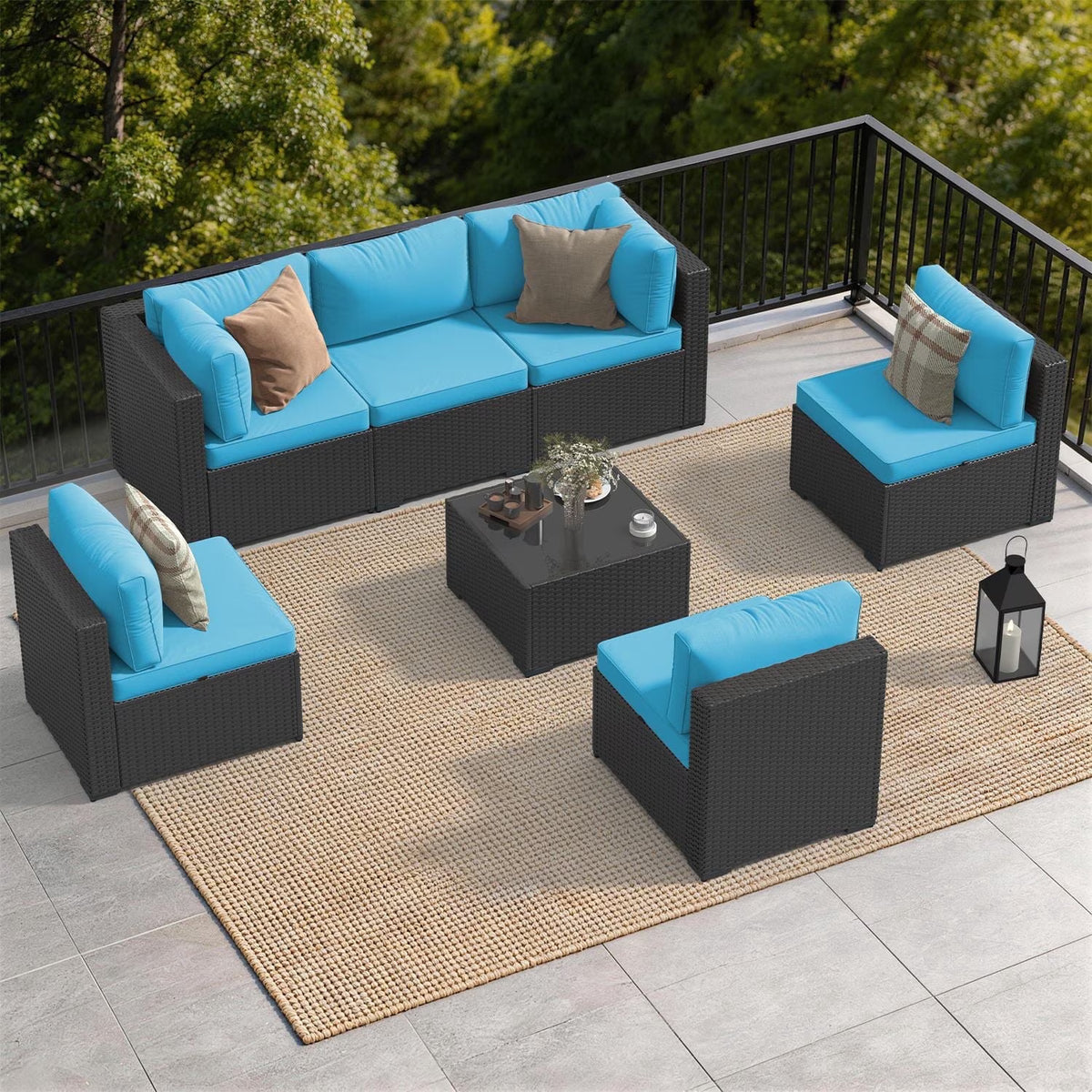 Dateyes 7-Piece Patio Furniture Set, All-Weather Wicker Rattan Outdoor Sectional Sofa Set with Coffee Table (Blue)