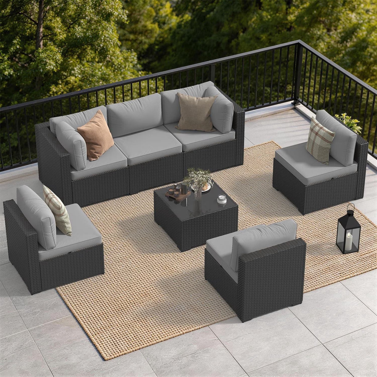 Dateyes 7-Piece Patio Furniture Set, All-Weather Wicker Rattan Outdoor Sectional Sofa Set with Coffee Table (Light Gray)