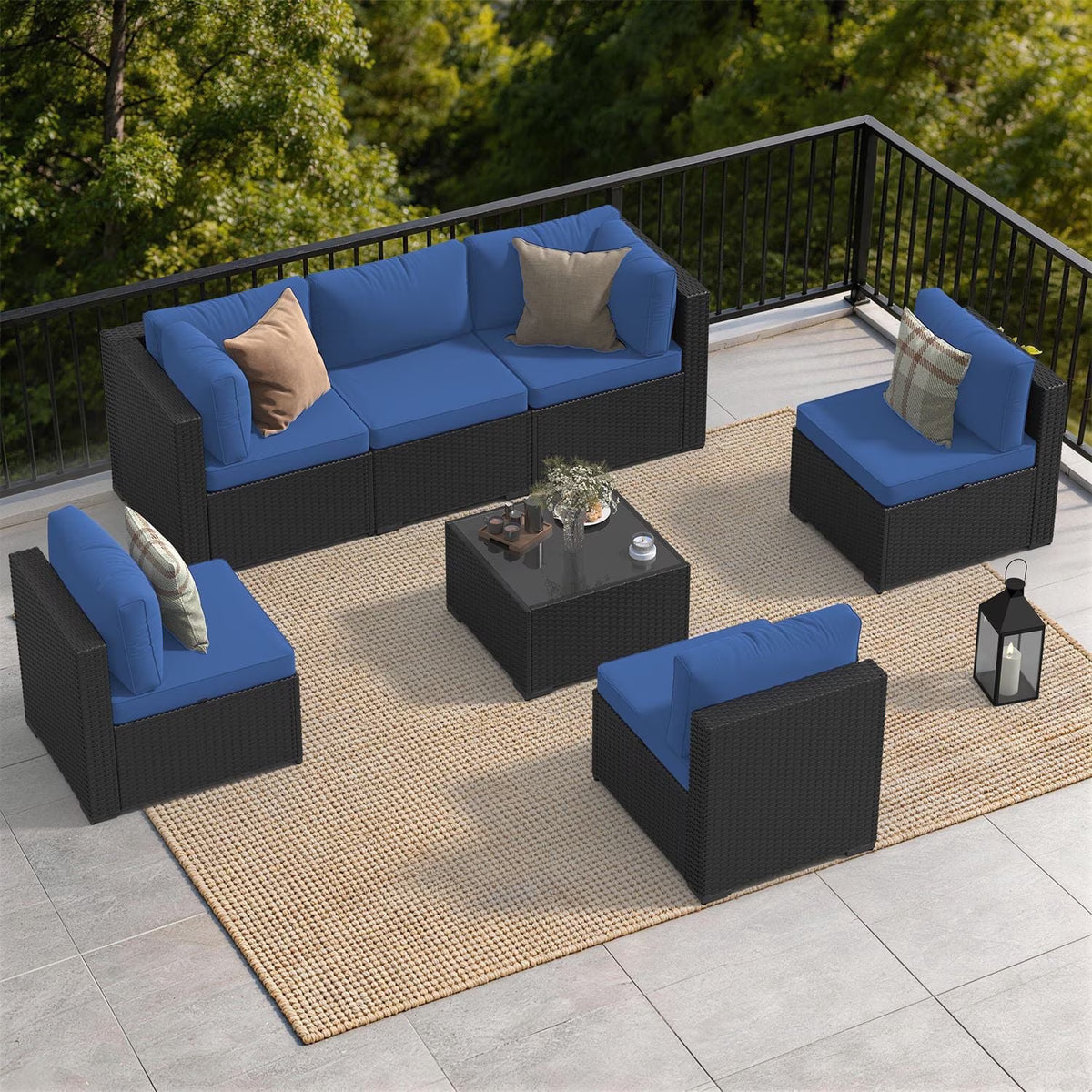 Dateyes 7-Piece Patio Furniture Set, All-Weather Wicker Rattan Outdoor Sectional Sofa Set with Coffee Table (Navy Blue)