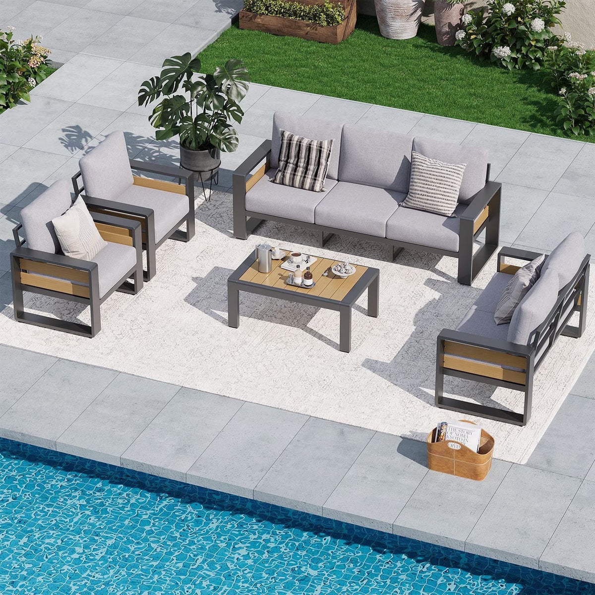 Dateyes 5 Piece Aluminum Patio Furniture Set, 7-Seat Luxury Outdoor Sectional with 6" Olefin Fabric Cushions, Light Grey